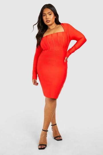 Plus Bandage Long Sleeve Bodycon Dress red