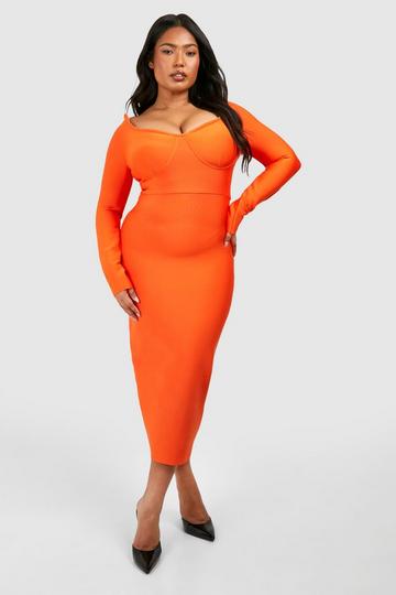 Orange i Plus Bandage Off Shoulder Long Sleeve Midi Dress