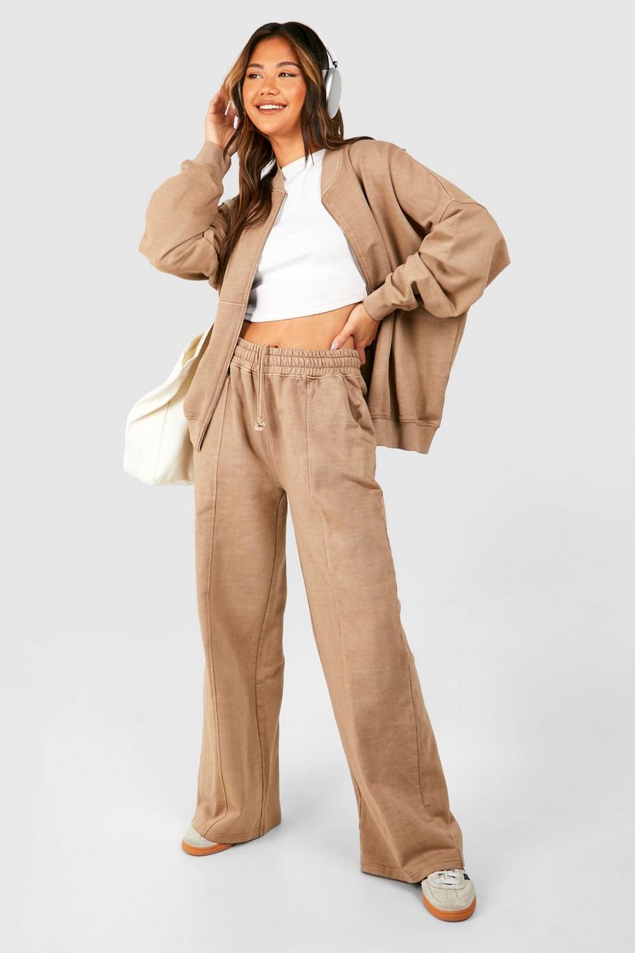 Taupe beige Washed Zip Through Bomber Straight Leg Tracksuit