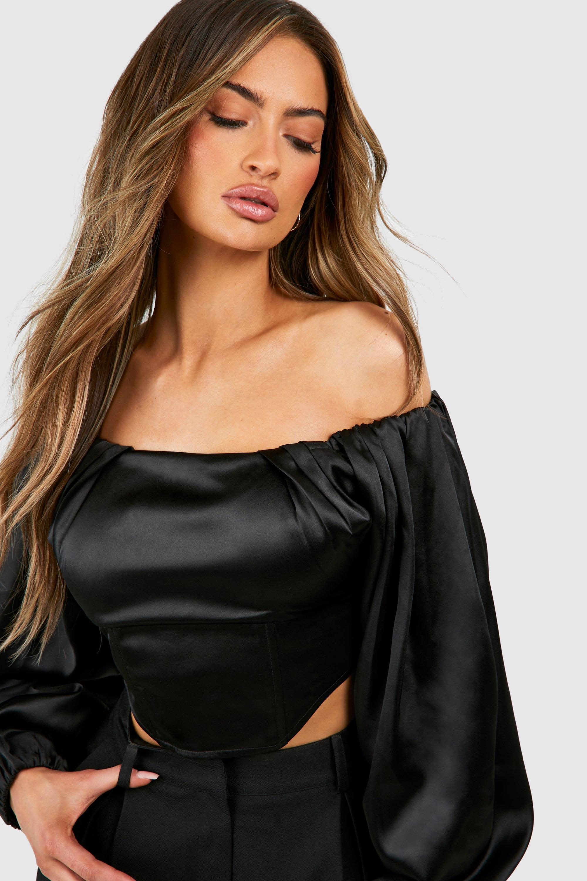 Black satin long sleeve bardot corset top new arrivals