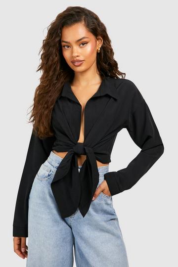 Knot Front Long Sleeve Blouse black