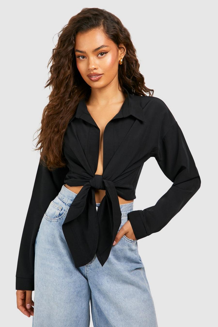 Black Knot Front Long Sleeve Blouse