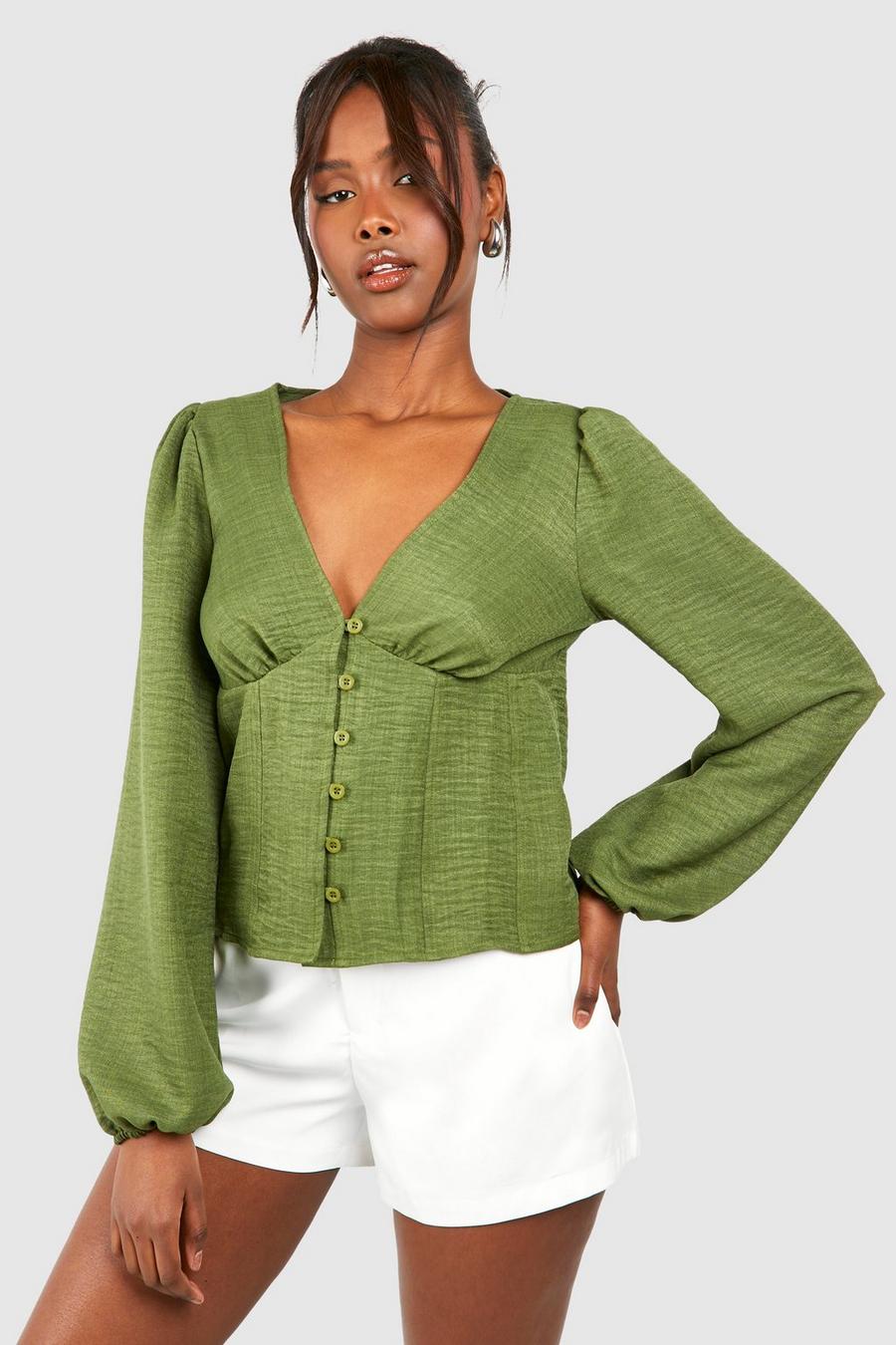 Olive Linen Button Detail Long Sleeve Blouse image number 1