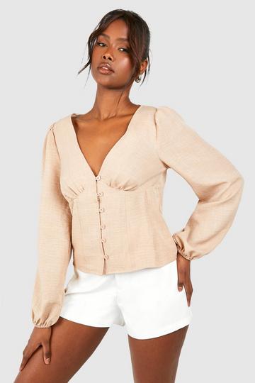 Stone Beige Linen Button Detail Long Sleeve Blouse