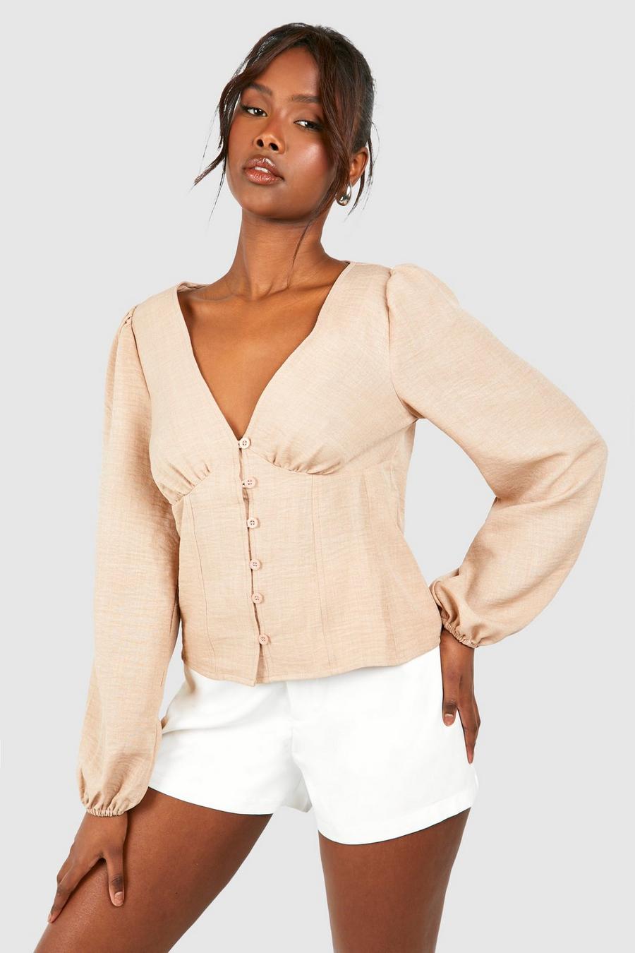 Stone Linen Button Detail Long Sleeve Blouse image number 1