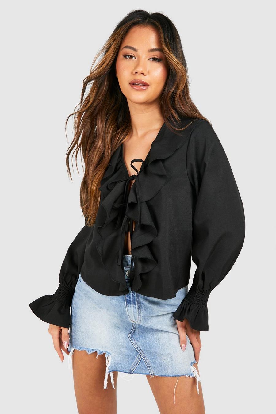 Black Linen Ruffle Frill Blouse image number 1