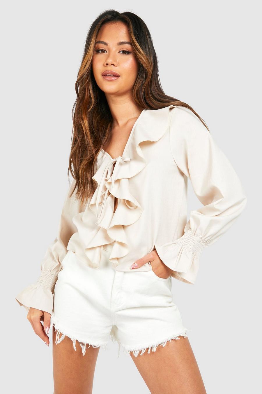 Stone Linen Ruffle Frill Blouse image number 1
