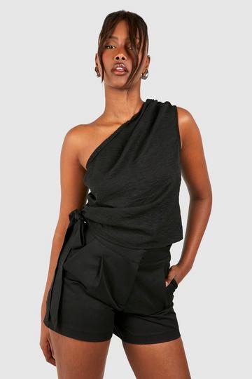 Black Linen Asymmetric Ruched Blouse