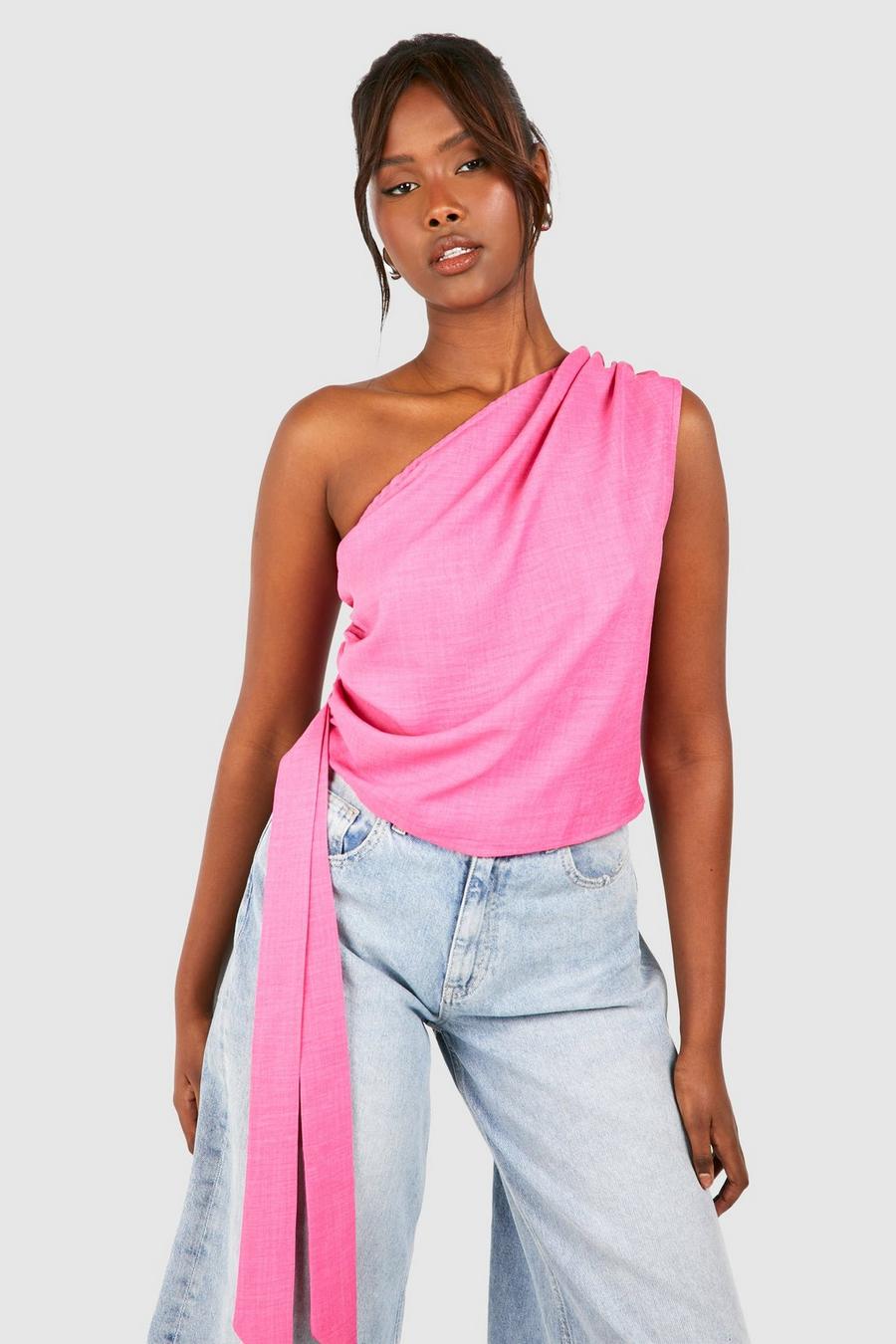 Pink Linen Asymmetric Ruched Blouse image number 1