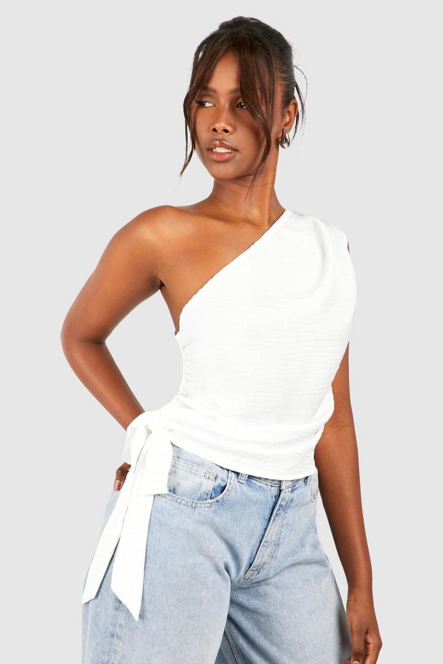 White Linen Asymmetric Ruched Blouse image number 1