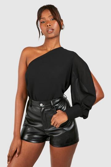 Black Chiffon Split One Shoulder Blouse