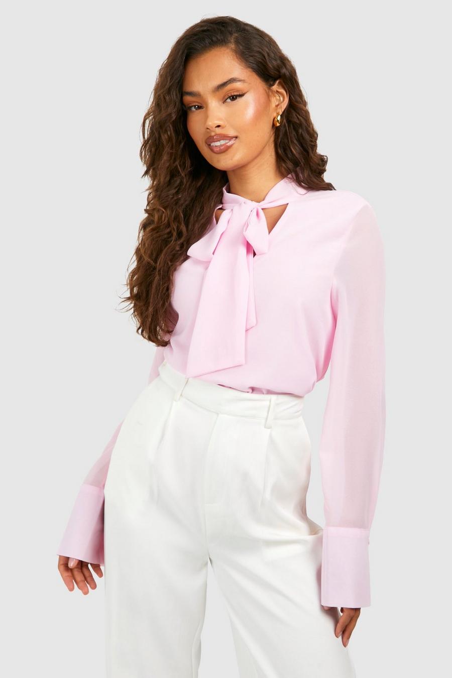 Blusa a maniche lunghe in chiffon con fiocco al collo, Light pink image number 1