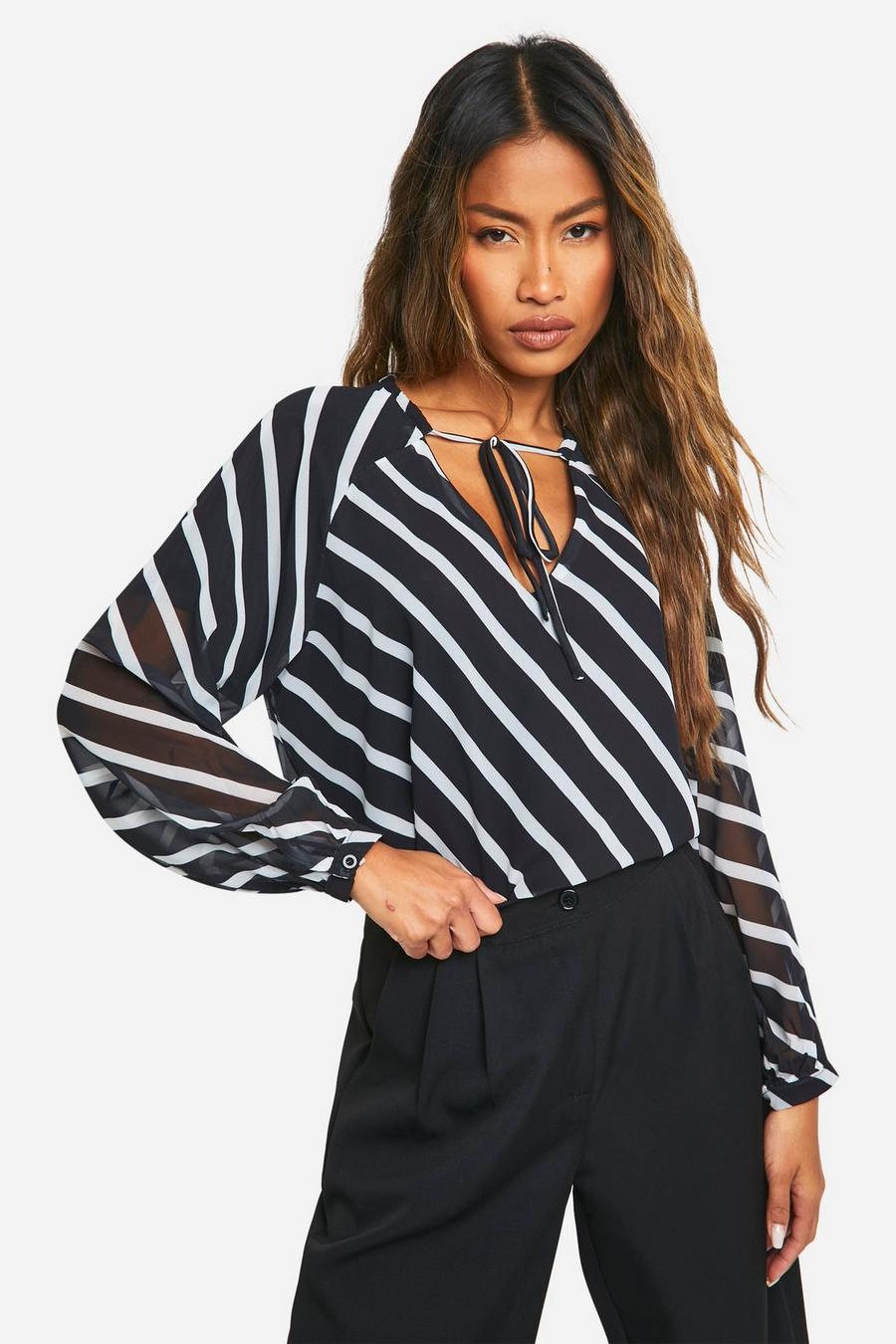 Blusa de chifón y manga larga con rayas, Stripe image number 1