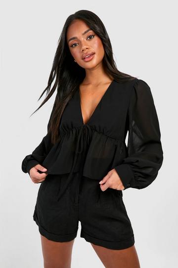 Black Chiffon Ruffle Hem Crop Blouse