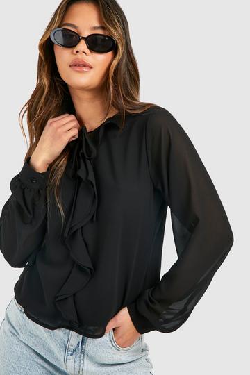 Black Chiffon Ruffle Front Blouse