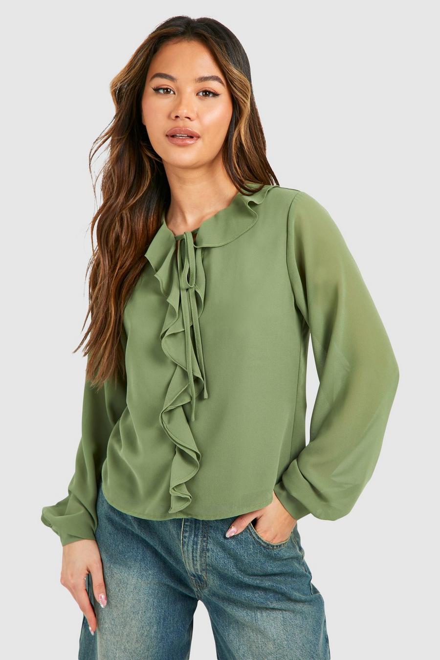 Blusa de chifón con volante frontal, Olive image number 1
