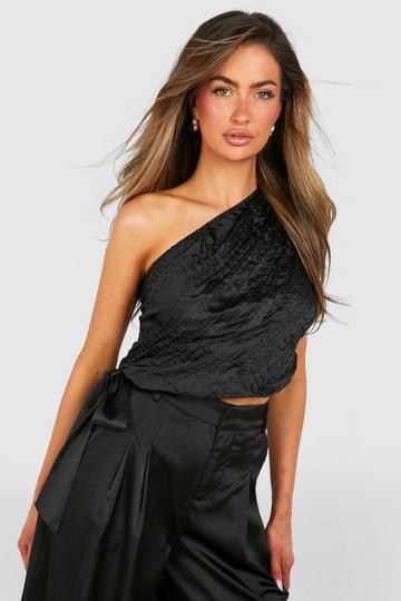 Textured Satin Asymmetric Ruched Blouse black