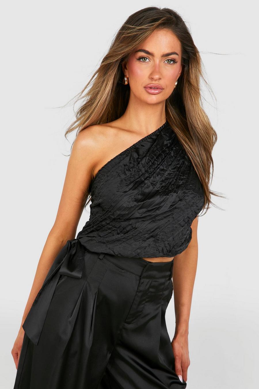 Black Textured Satin Asymmetric Ruched Blouse  image number 1
