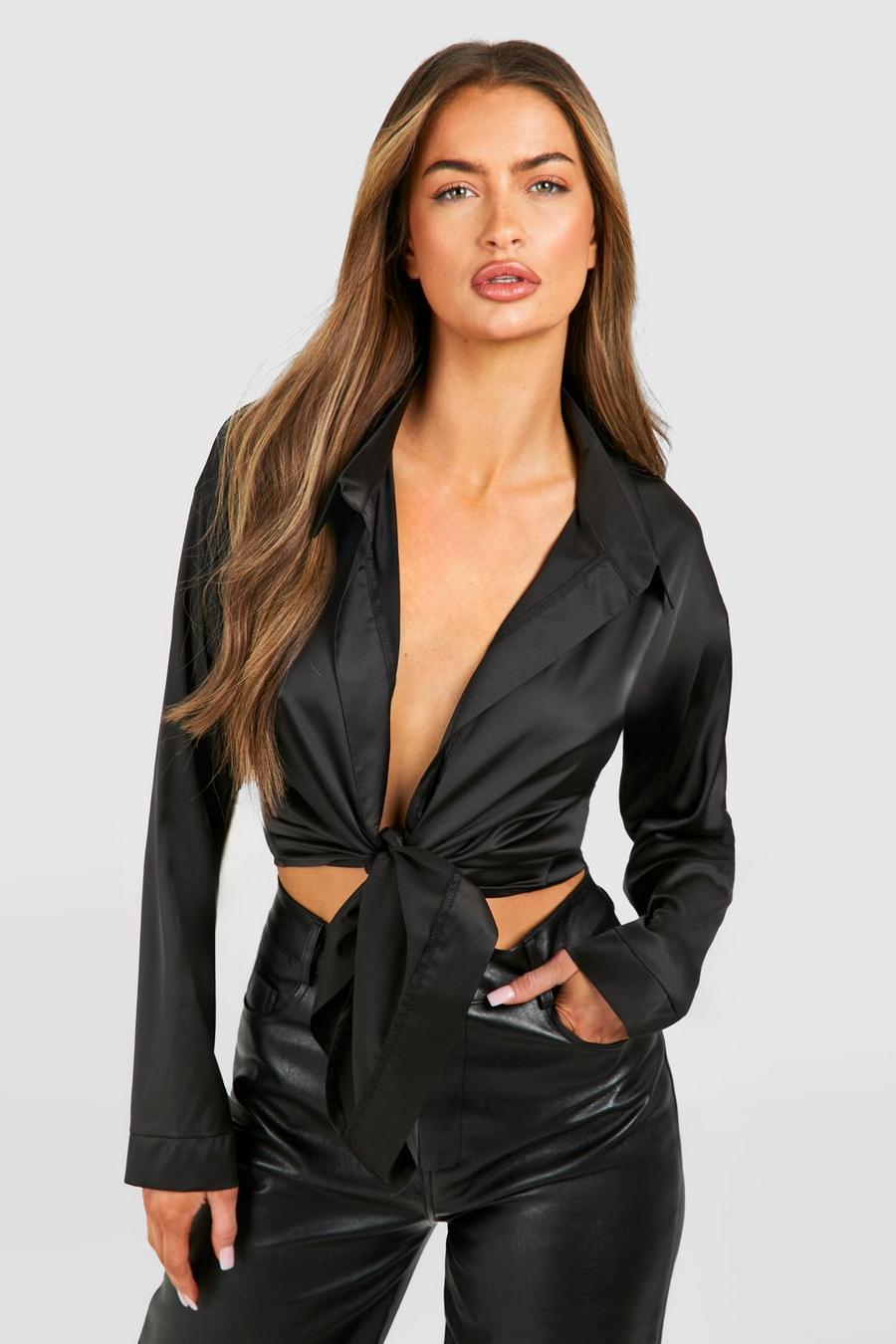 Black Satin Knot Front Long Sleeve Blouse image number 1