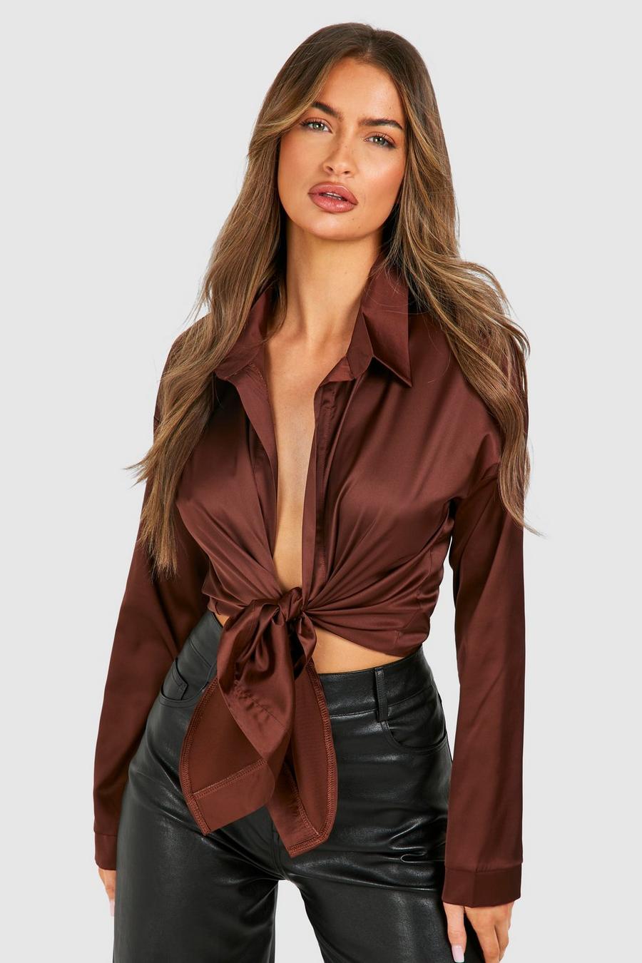 Chocolate Satin Knot Front Long Sleeve Blouse image number 1