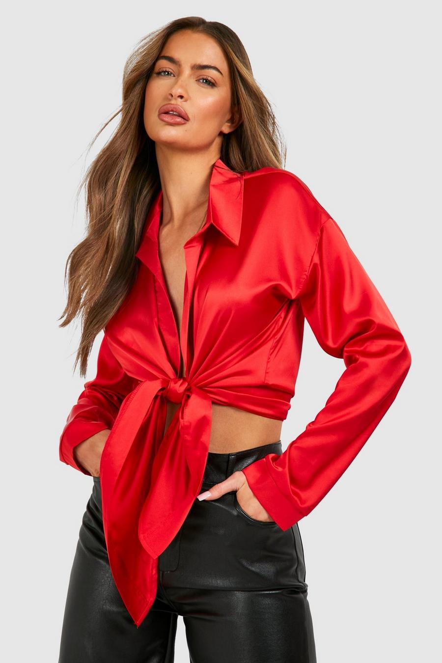 Red Satin Knot Front Long Sleeve Blouse image number 1