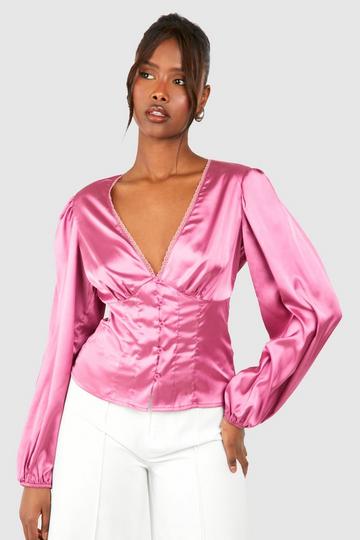 Satin Button Detail Long Sleeve Blouse mauve