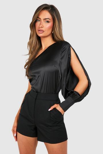 Satin Split One Shoulder Blouse black