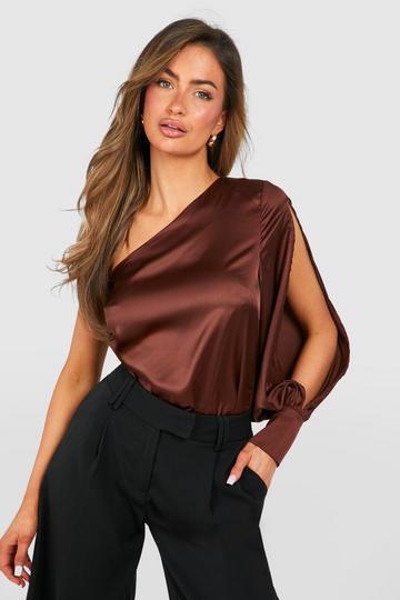 Satin Split One Shoulder Blouse chocolate