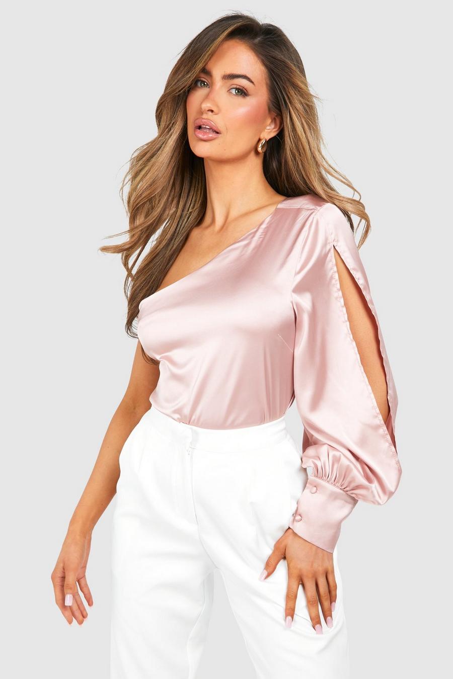 Blusa monospalla in raso con spacco, Dusky pink image number 1