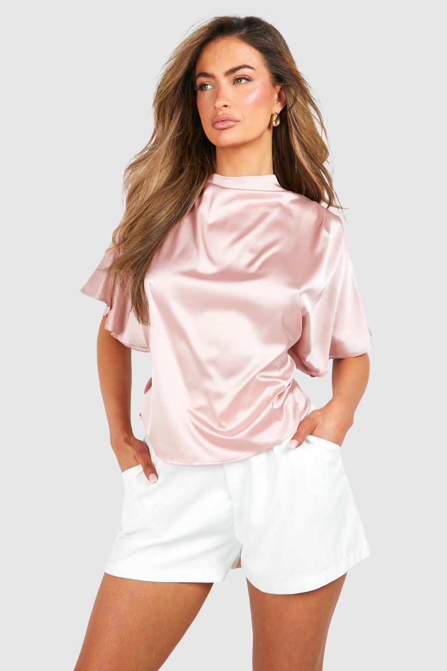 Blusa de raso y manga corta, Dusky pink image number 1