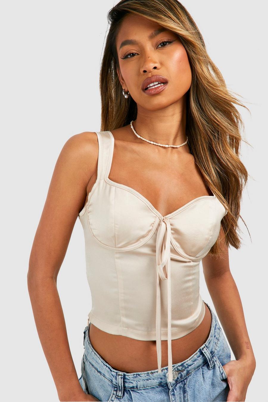 Champagne Satin Cupped Tie Corset  image number 1