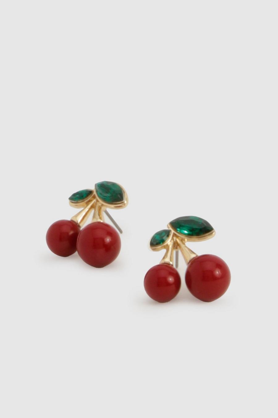 Embellished Cherry Stud Earrings , Red