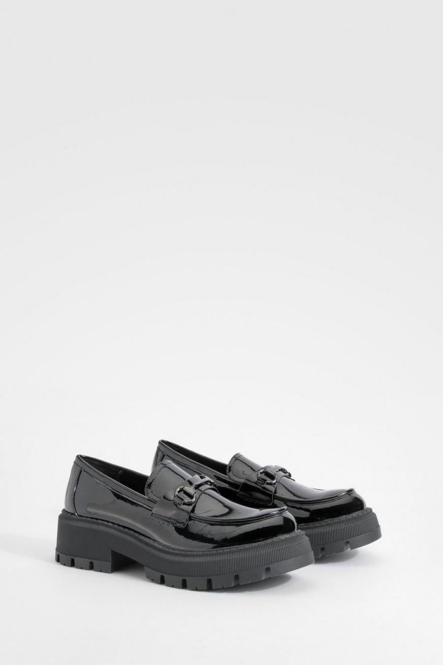 Black Patent Chunky T Bar Loafers 