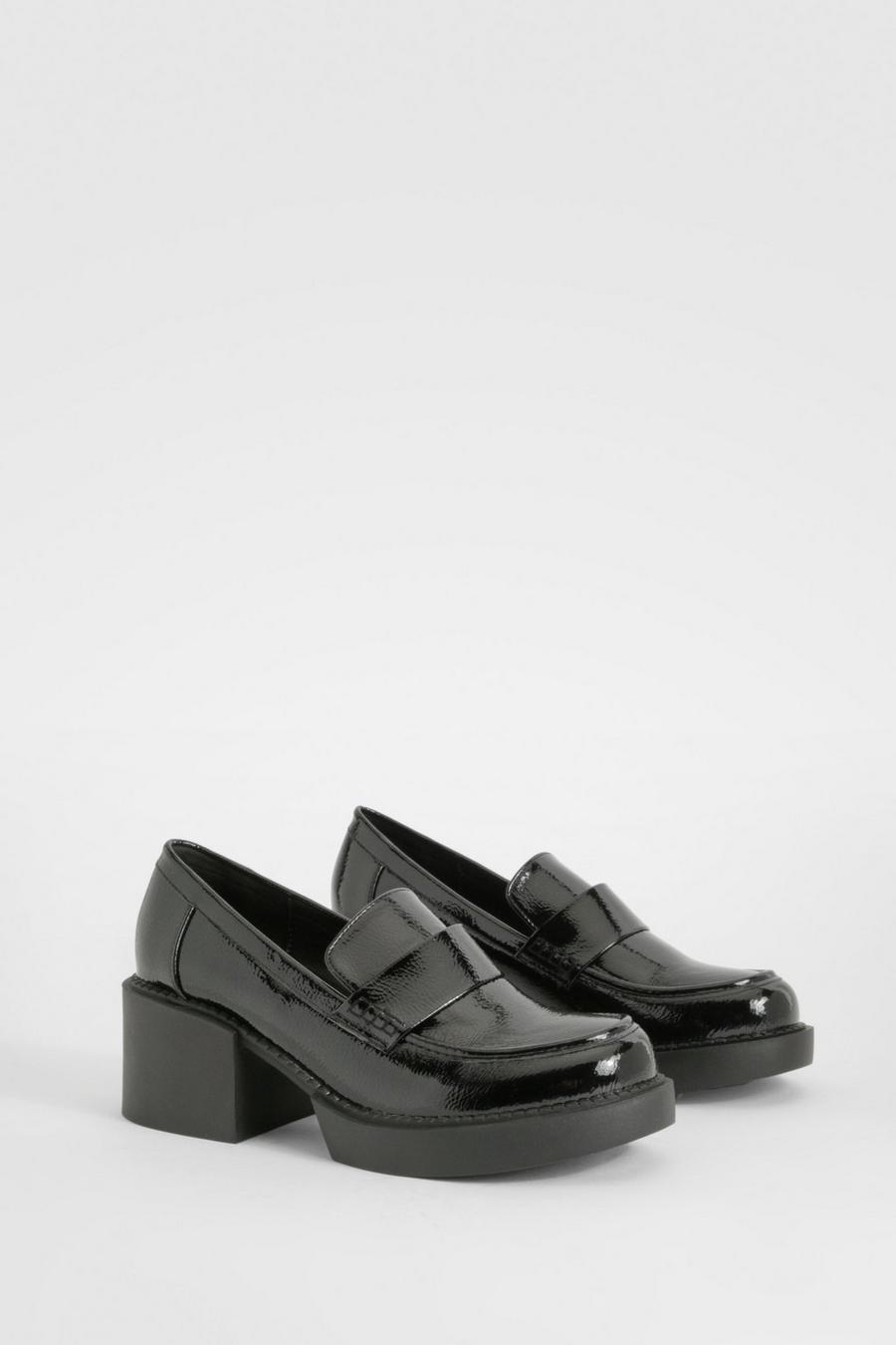Black Chunky Heeled Patent Loafers