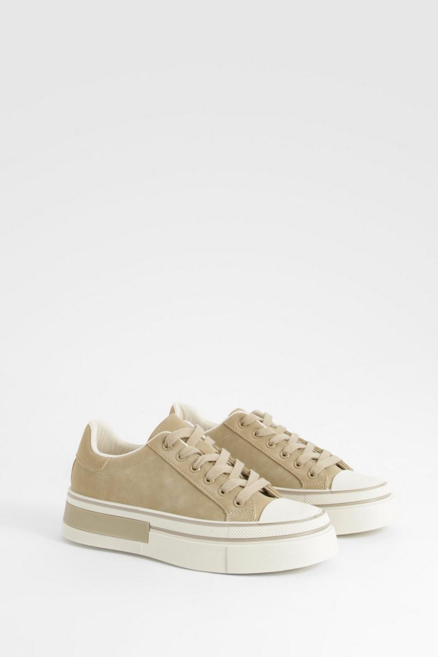 Taupe beige Chunky Low Top Lace Up Trainers 