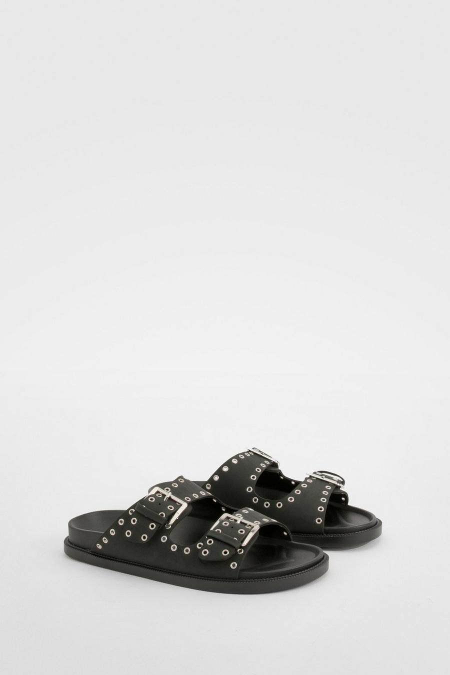 Breite Passform Sliders mit doppelten Riemchen und Nieten-Detail, Black