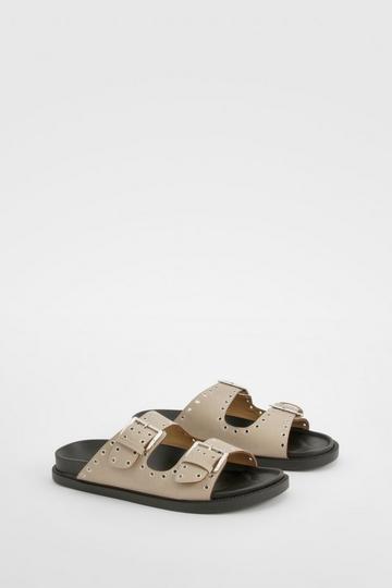 Wide Width Stud Detail Double Strap Buckle Slides taupe