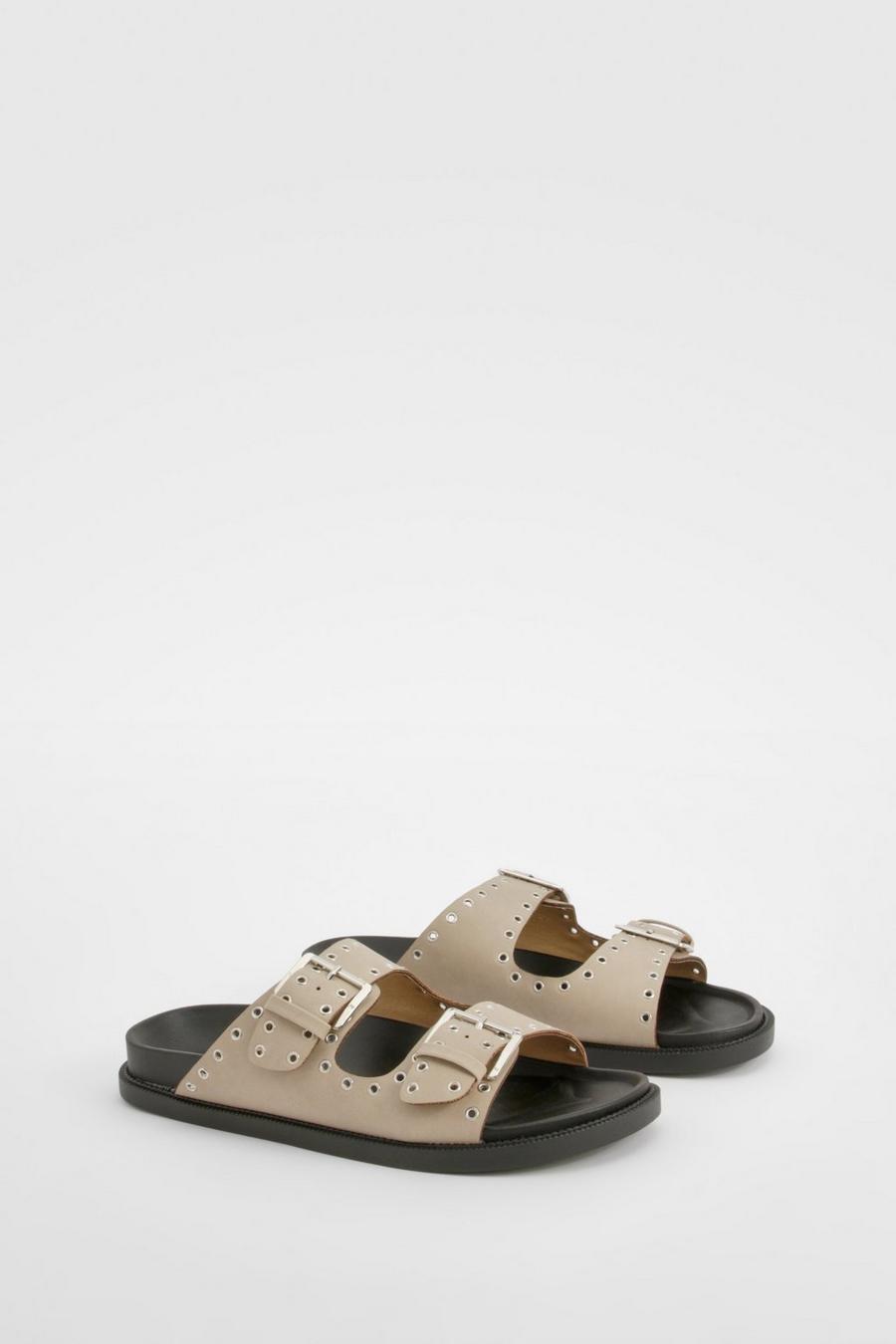 Taupe Wide Fit Stud Detail Double Strap Buckle Sliders    image number 1