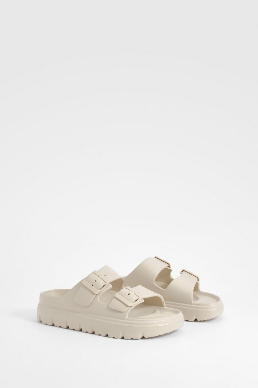 Beige Wide Fit Double Strap Buckle Sliders   image number 1