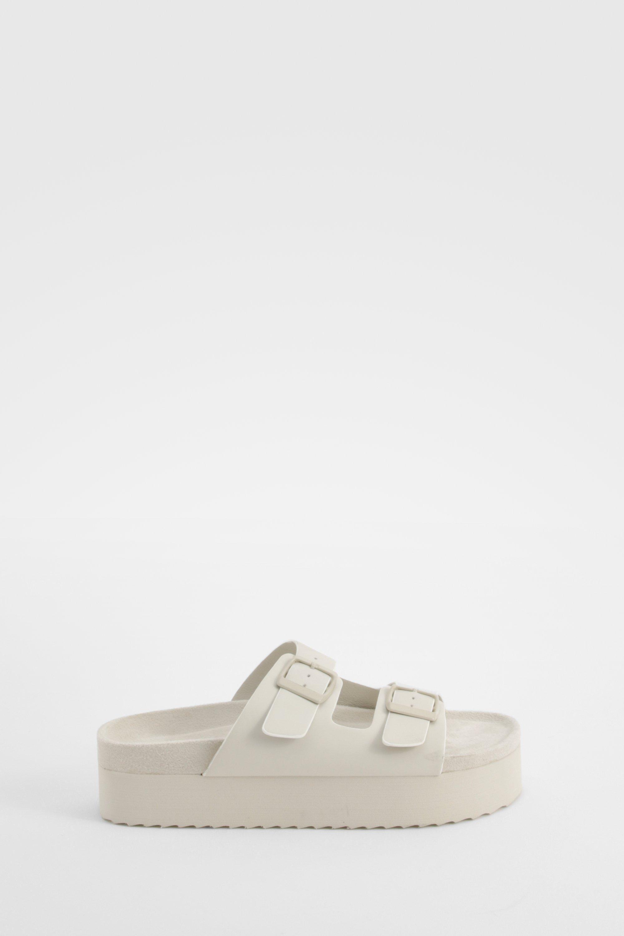 Platform Double Strap Footbed Buckle Sliders boohoo IL