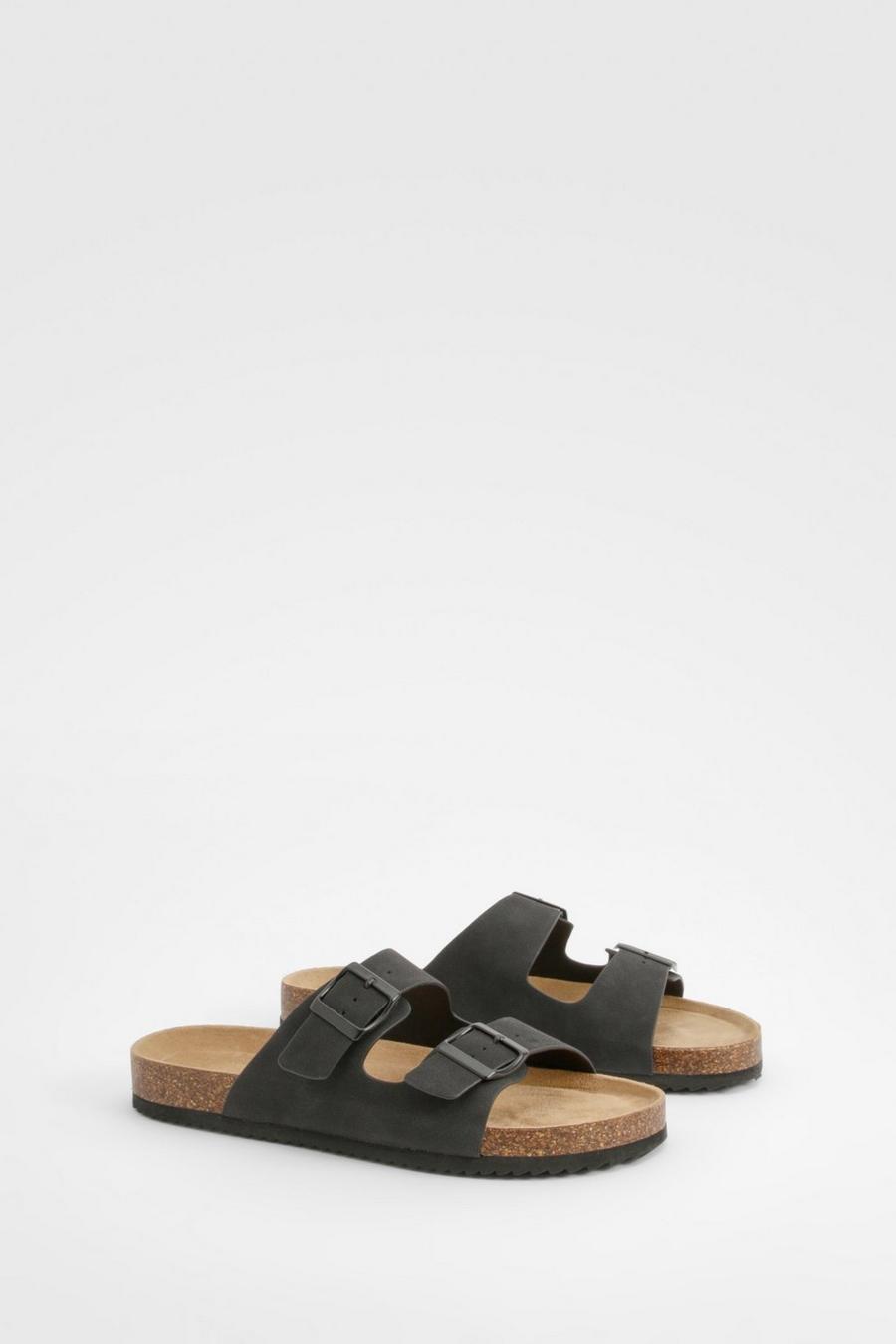 Black Double Strap Footbed Buckle Sliders   