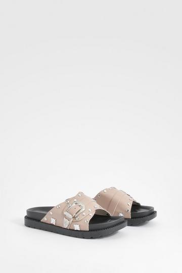 Western Detail Buckle Footbed Sliders taupe