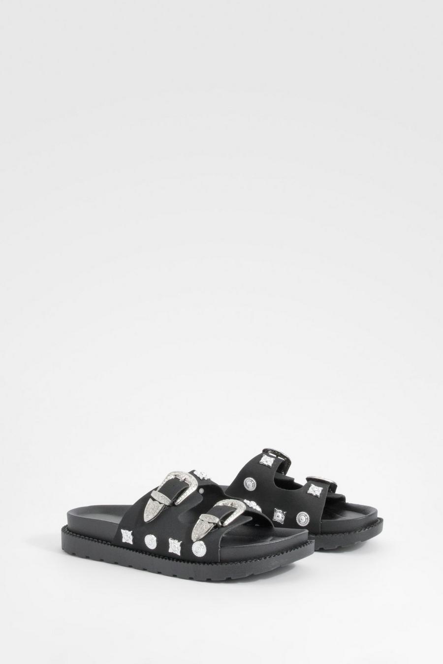 Black Western Detail Buckle Footbed Buckle Sliders  