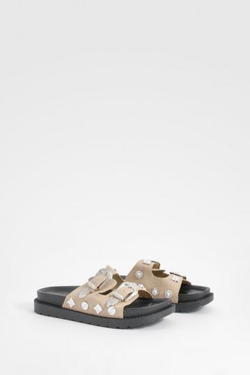 Western Detail Buckle Footbed Buckle Slides taupe