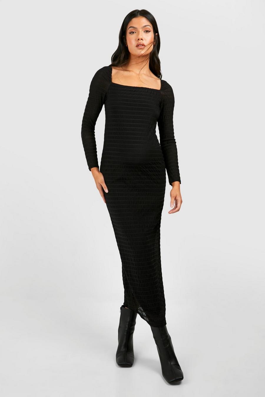 Black Maternity Textured Rib Square Neck Midaxi Dress