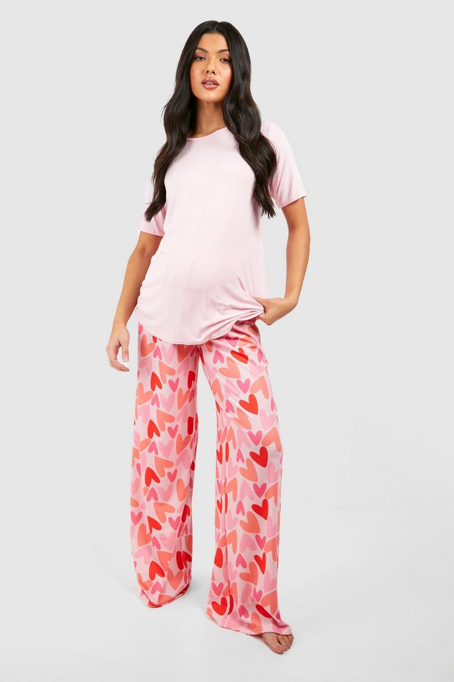 Pink Maternity Heart Print Trouser Pyjama Set image number 1