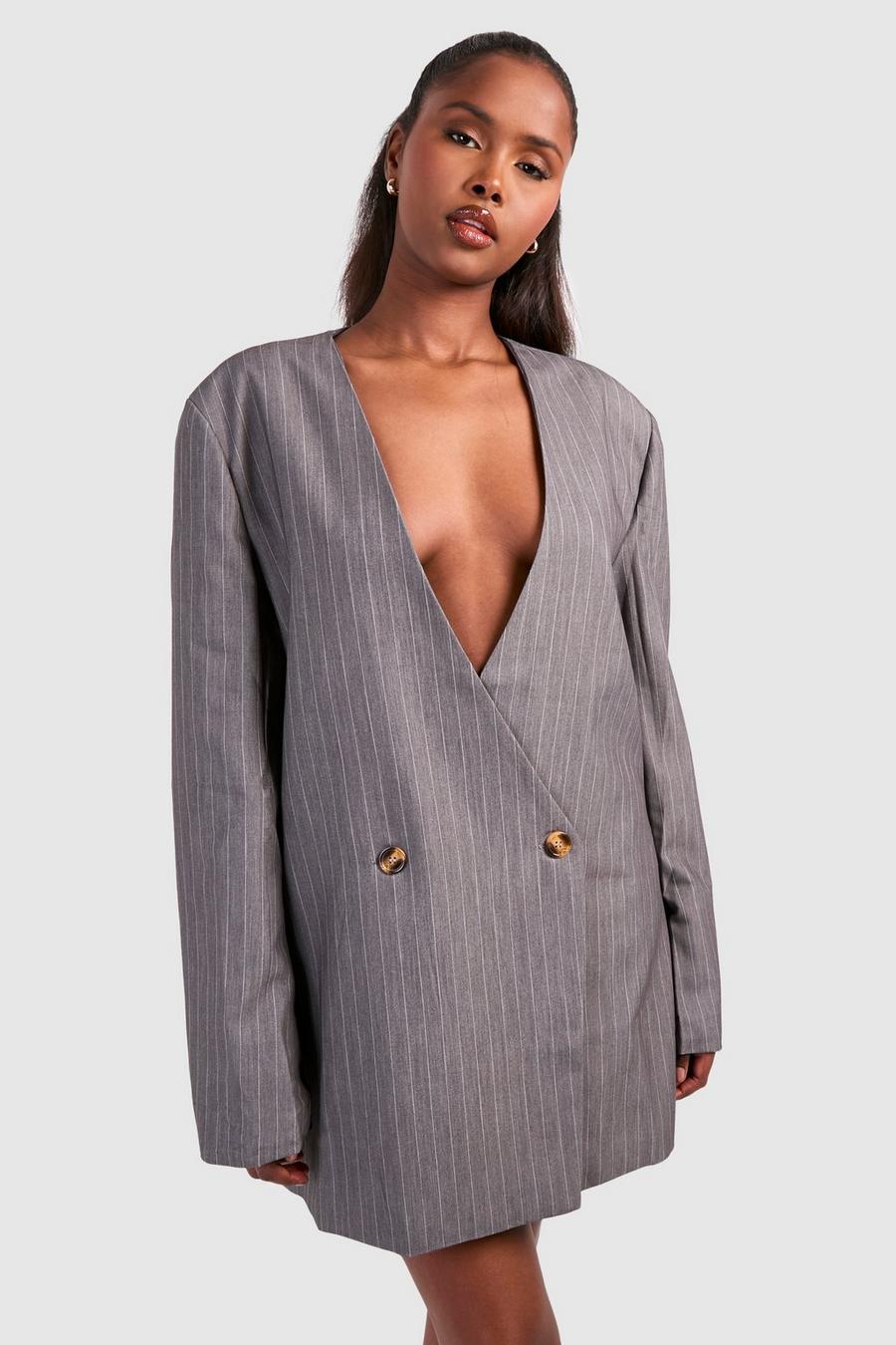 Grey Stripe Oversized Collarless Blazer Dress image number 1