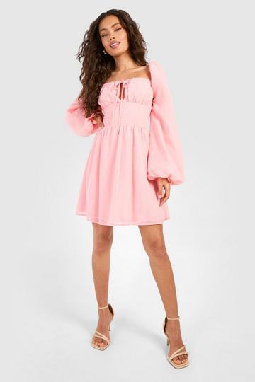 Rose Pink Chiffon Blouson Sleeve Milkmaid Mini Dress