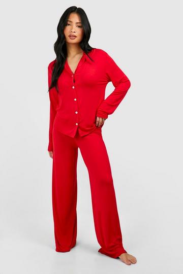 Petite Long Sleeve Button Up Pyjama Set red