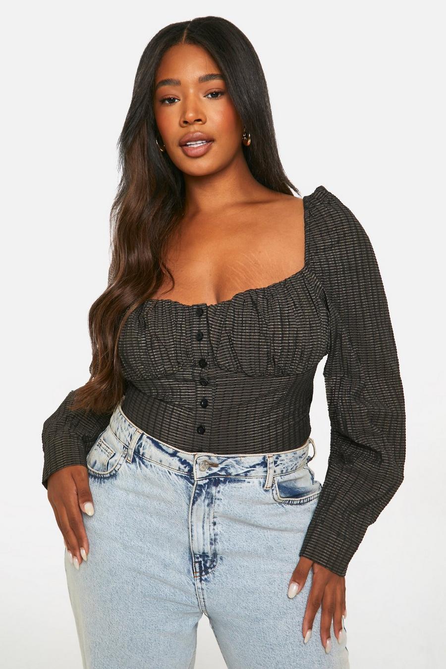 Black Plus Textured Ruched Corset Top